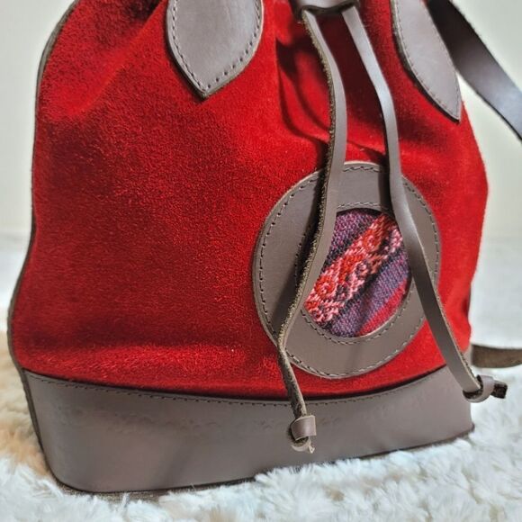 Red Suede Bolivian Folk Vintage Leather Synching Boho Bucket Bag Purse - Picture 11 of 13
